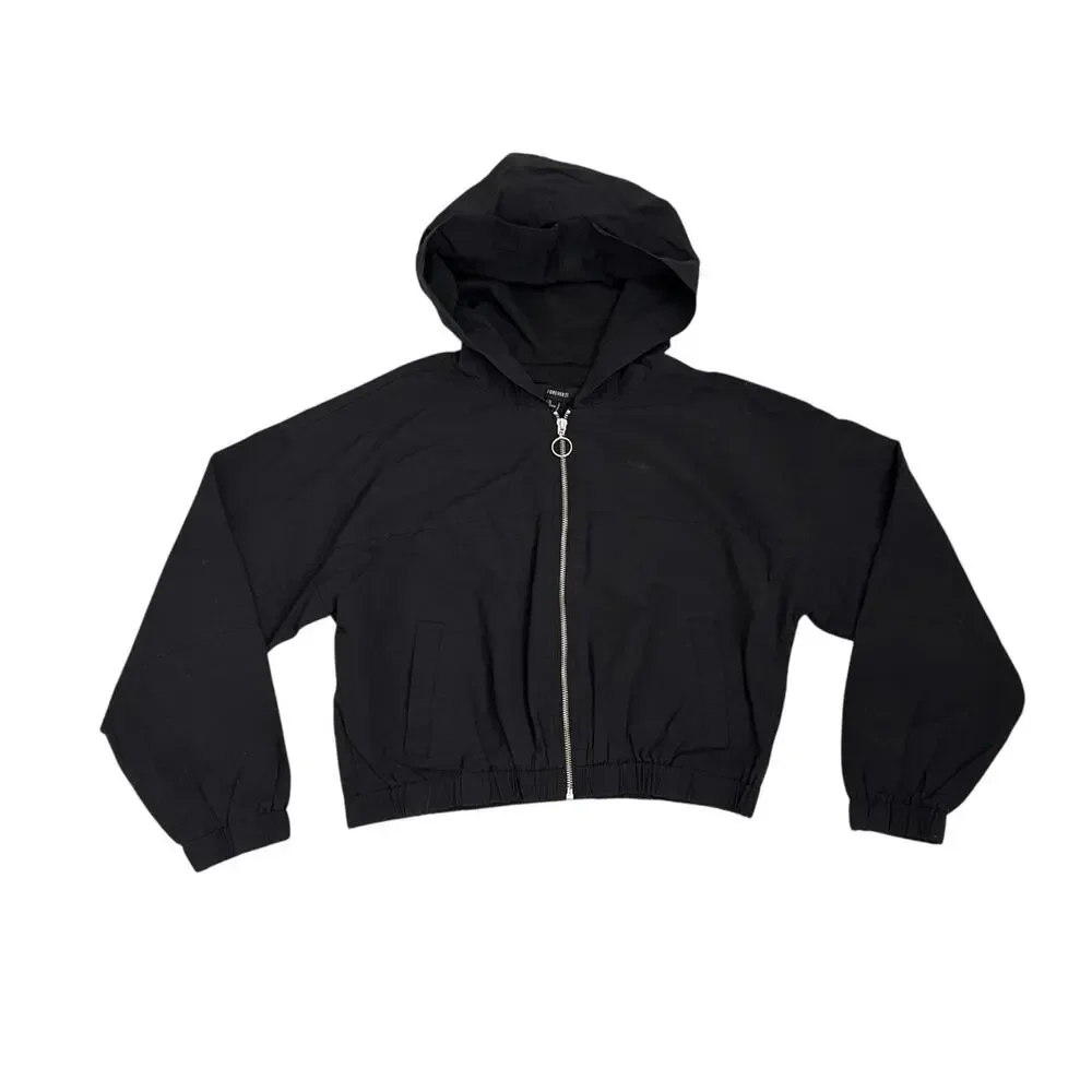 Forever 21 Black Hooded Zip Up Windbreaker Jacket Size Women's Large